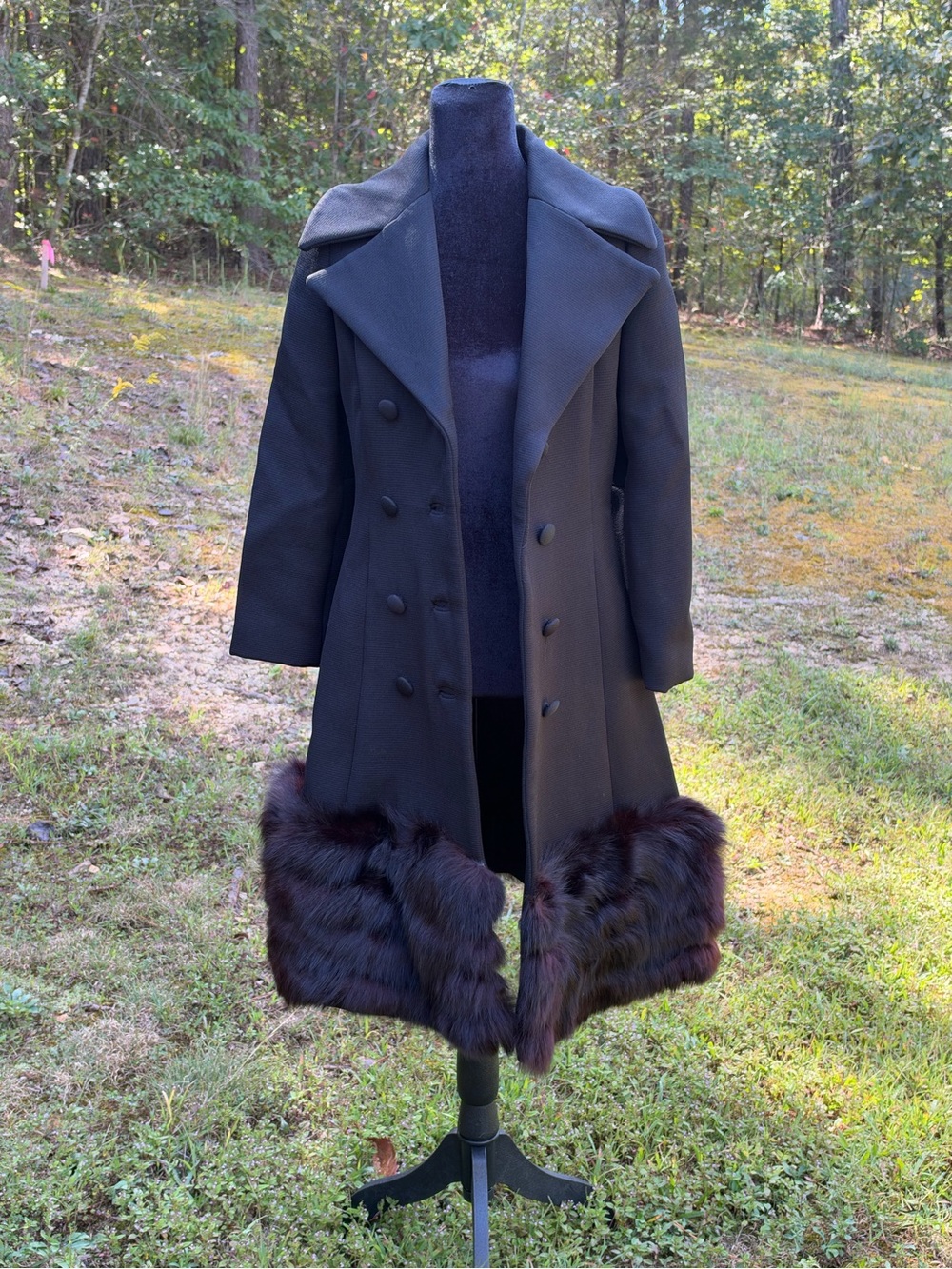 Black Double-Breasted Wool Pea Coat with Fur Trim
